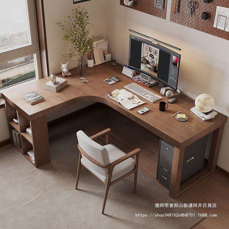 实木转角书桌卧室学习家用学生写字台拐角电脑桌型书桌一整套