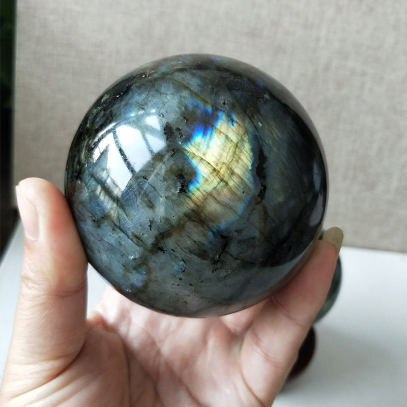 天然拉长石蓝月光现代简约几何形磨削水晶球抛光装饰工艺品摆饰