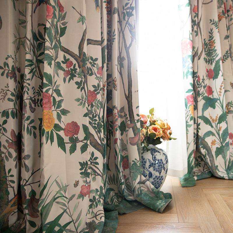 米色法式中国风Chinoiserie中式花鸟乡村田园中古风卧室客厅窗帘