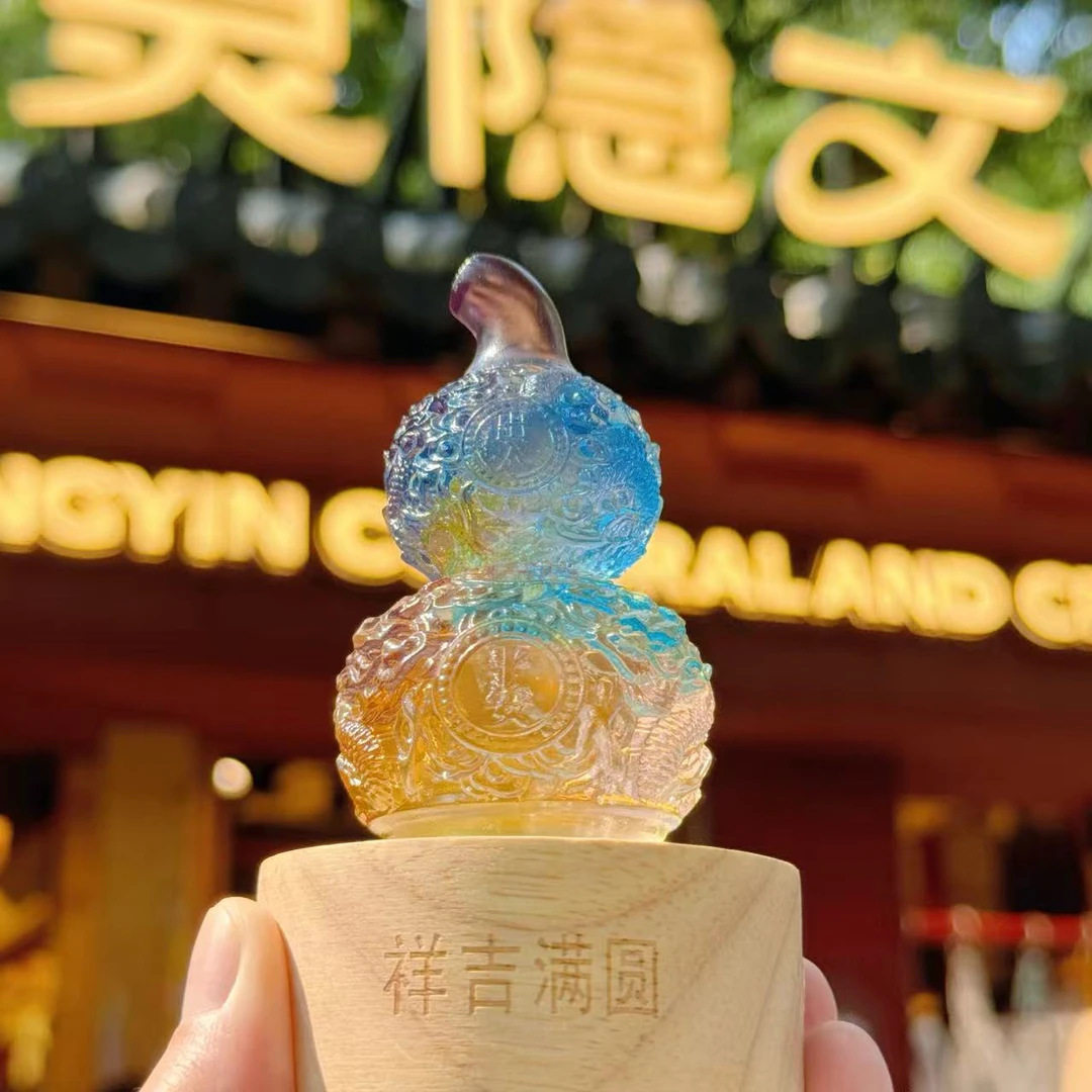东魅幻彩福芦古法琉璃透光幻彩如意葫芦摆件精致桌面摆件透光底座