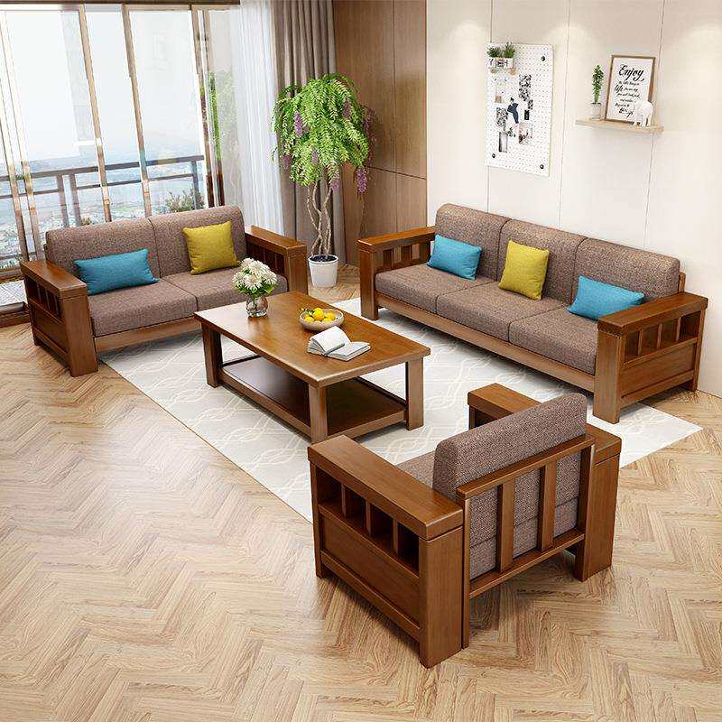 实木沙发组合木加布转角贵妃带拉床两用大小户型全橡胶木客厅家具