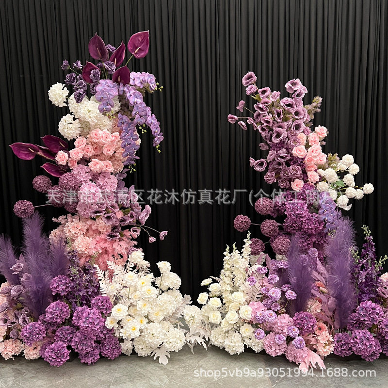 新款婚庆白粉紫牛角门仿真花排花拱门花艺婚礼堂舞台背景布置道具