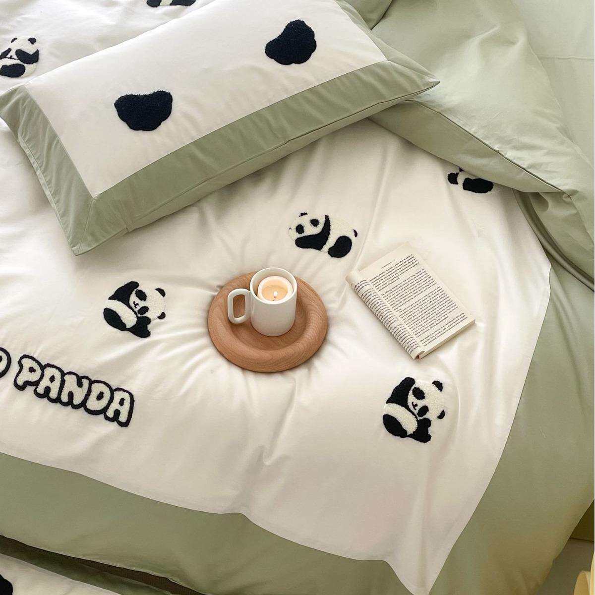 卡通风长绒棉四件套全棉纯棉床单可爱熊猫刺绣被套床品