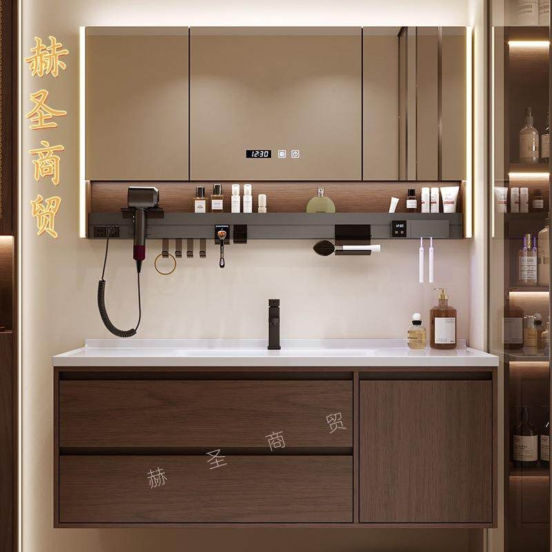 中古风胡桃木色浴室柜镜陶瓷一体盆厕所卫生间洗手洗脸池洗漱台面