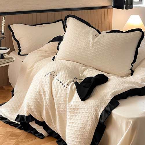 轻奢风全棉水洗棉纯色四件套立体提花刺绣被套纯棉床上用品1.8