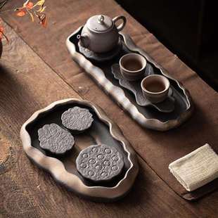 鎏金荷塘茶盘日式粗陶壶承蓄水储水式小号干泡台陶瓷茶壶托盘