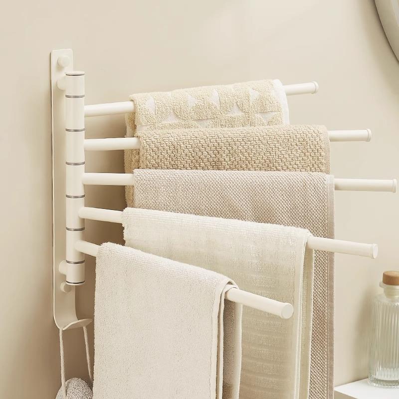 奶白风浴室旋转毛巾架免打孔不锈钢毛巾杆小空间活动卫生间置物架