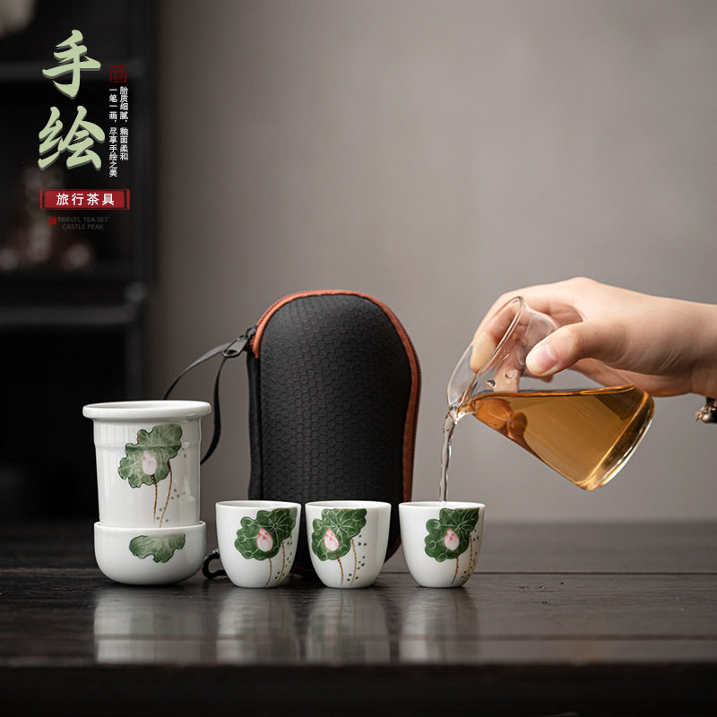 旅行茶具套装便携包出差露营泡茶器一壶三杯陶瓷手绘快客杯小套组