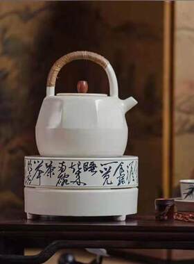 梵山堂苏打釉青花诗文圆电陶炉八方白泥煮茶陶壶陶瓷茶具提梁茶壶