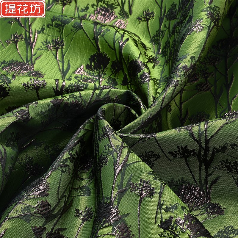 提花坊秋冬古铜金丝绿色碎花高端提花面料连衣裙包包服装设计布料