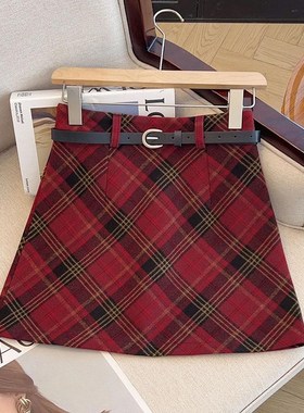 红色格子半身裙女春秋025新款百搭毛呢小个子格纹a字裙短款裙子