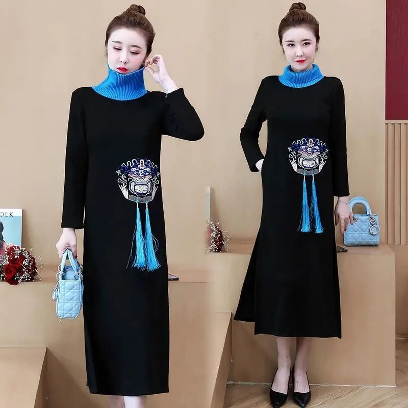 复古秋冬季裙子改良旗袍宽松遮肚300斤胖mm大码加绒加厚连衣裙女