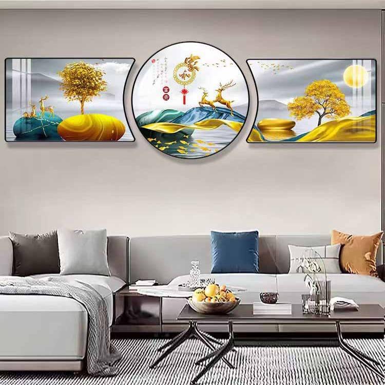 【折扣价】鱼聚财图墙挂画客合厅沙画发背景装饰珠联壁三联画轻奢图片