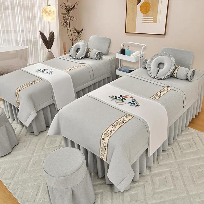 2023新款棉麻美容床罩四件套高档轻奢美容院按摩床罩洗头床罩