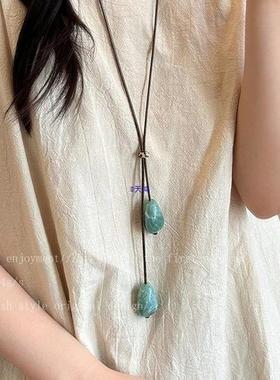 绿色木质圆珠长款项链吊坠绳女款森系复古设计毛衣链小众挂脖配饰