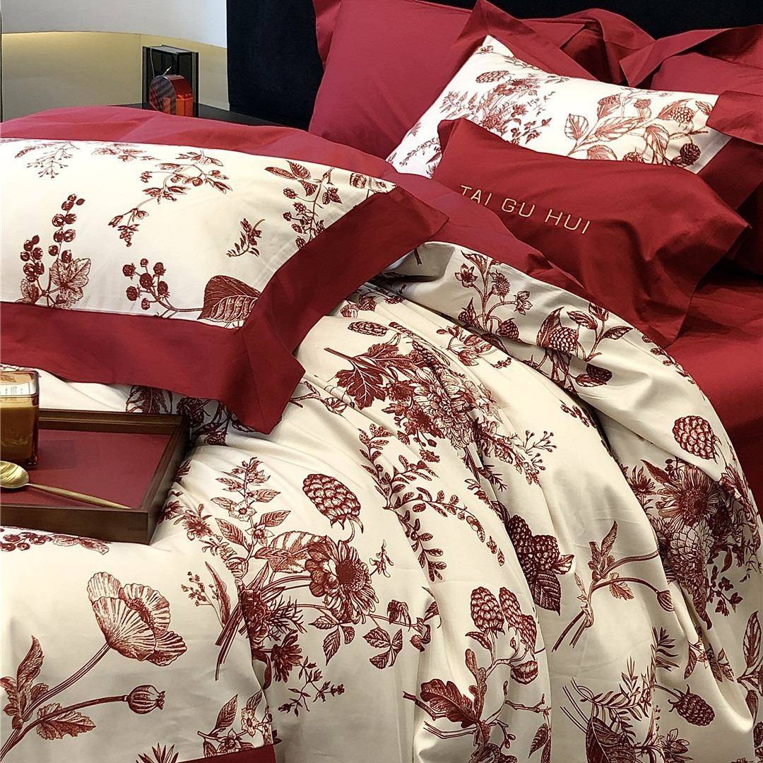 法式花卉婚庆大红纯棉长绒棉四件套高端陪嫁乔迁喜庆床上用品家纺