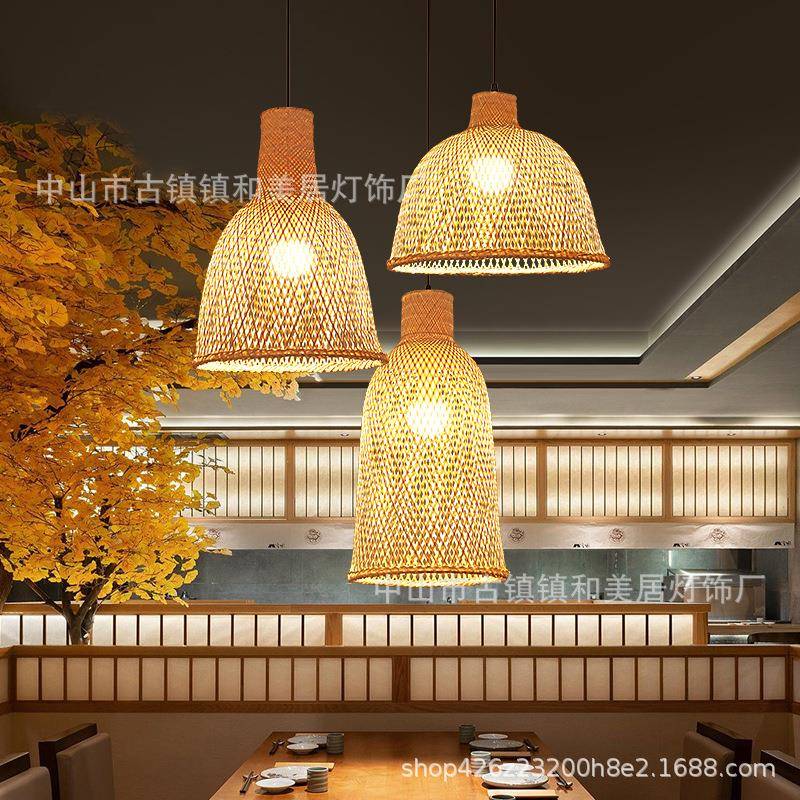 新中式侘寂风餐厅火锅店民宿楼梯茶室日式竹编竹艺吊灯