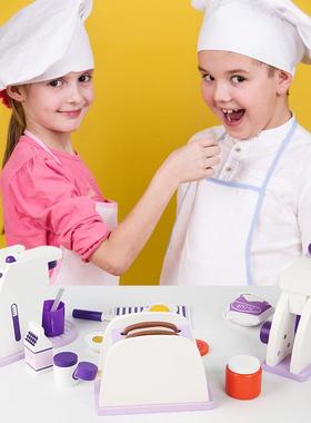 儿童仿真过家家厨房三件套紫色面包机搅拌机咖啡机小家电组合玩具