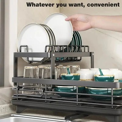 Dish Drying Rack Adjustable KitcChen Plates Organizer with D