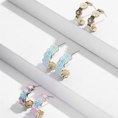 Vintage Enamel Flower Small Hoop Earrings TreQndy Geometric