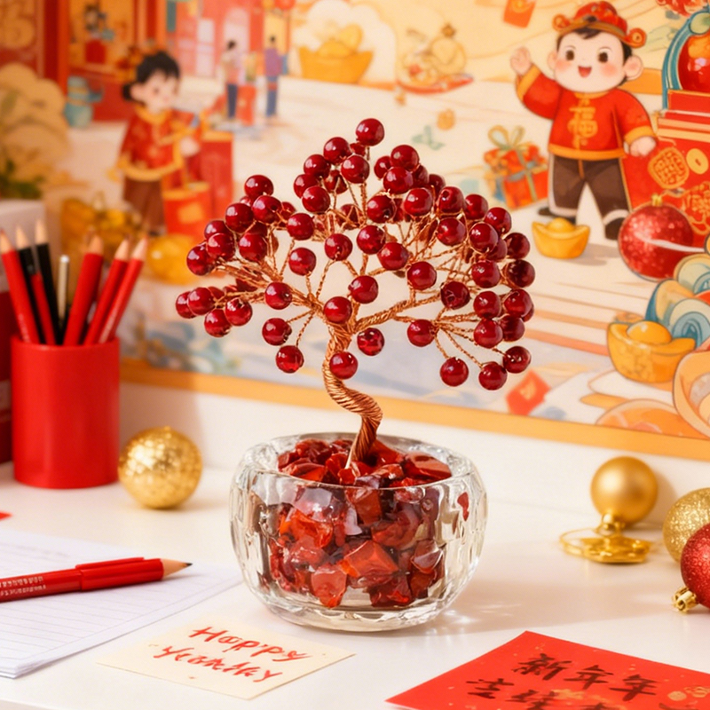 朱砂手工编织发财树许愿树摆件