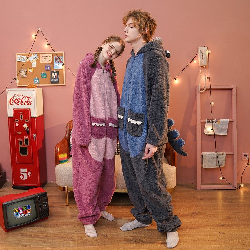 情侣动物连体女秋冬季可爱卡通珊瑚绒加厚小恐龙X大码家居服男