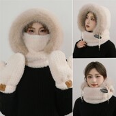 骑车帽子秋冬女围巾手套一体连帽A冬季 围脖保暖毛绒冬天三件套202