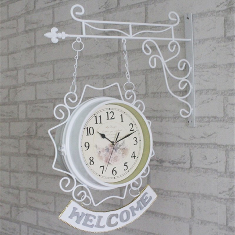 双面挂钟客厅钟表欧式铁艺静音吊钟美式时钟现代简约创意两面钟大