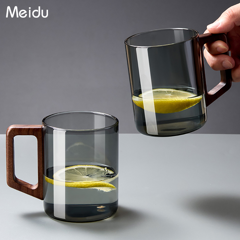 玻璃杯泡茶杯日式带把手家用待客喝水杯子M耐高温办公室木把防烫