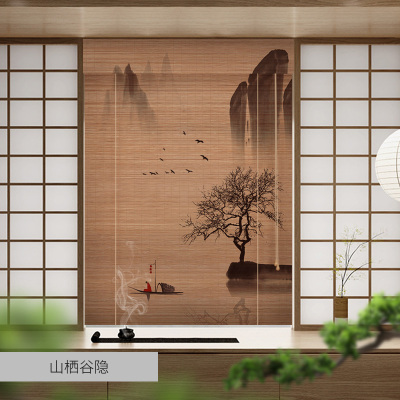 新中式风景山水画印花竹帘卷帘z窗帘卷拉式升降禅意茶室门帘隔断