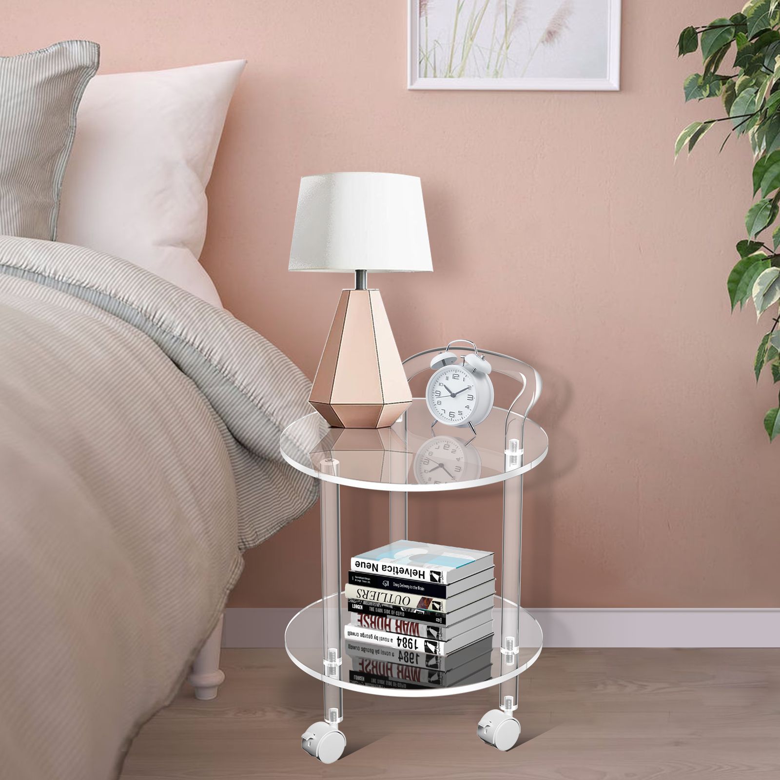 厂家直供亚克力酒吧圆型推车 置物架可移动透明茶几 床边创意桌