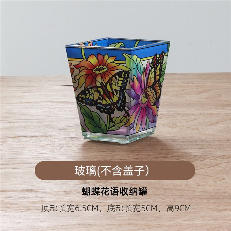 彩绘玻璃牙签罐牙线收纳筒棉签盒 C复古蜡烛杯 花鸟艺术画装饰摆图片