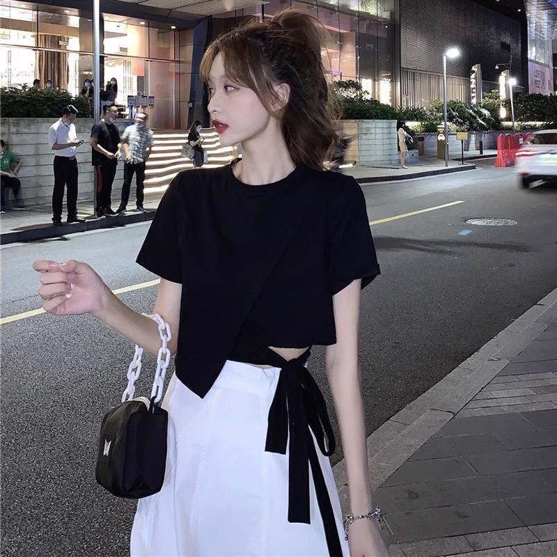 黑色短袖t恤女装夏季2025新款高级感设计感小众宽松半袖短款上衣