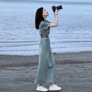 牛仔连衣裙女装 新款 复古港风做旧薄款 夏季 裙子 气质时尚 收腰中长款