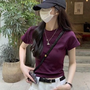 高级感短款 独特超好看夏季 t恤女装 法式 甜辣显瘦纯棉上衣 正肩短袖