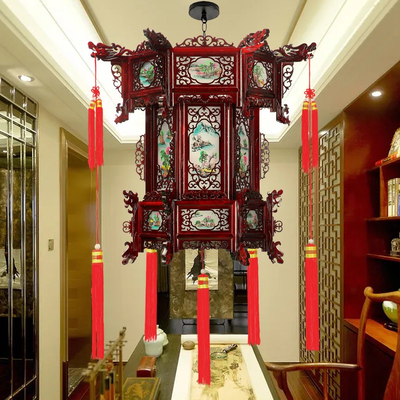 中式木质仿古实木六角宫灯中国风复古灯笼古典吊灯户外红灯笼阳台