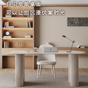 现代轻奢书桌简约家用岩板电脑桌子小户型奶油风阳台休闲办公桌