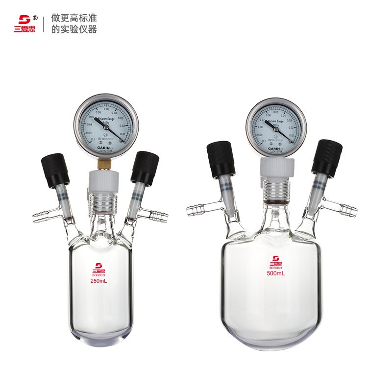 三爱思厚壁耐压烧瓶真空抽气带压力表高硼硅耐高温玻璃200mL-1L