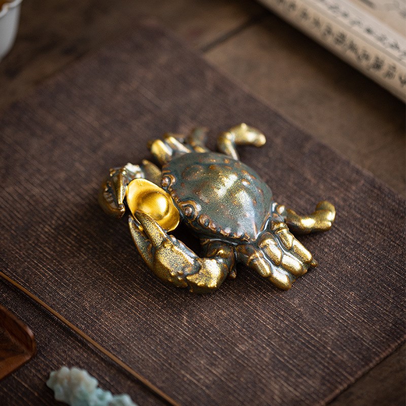 创意仿真螃蟹陶瓷茶宠复古风小青蟹招财吉祥物办公室桌面装饰