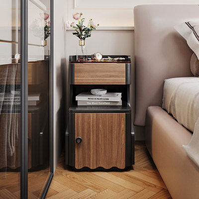 小型床头柜超窄收纳柜卧室黑色实木床边窄夹缝P柜带灯指纹锁置物