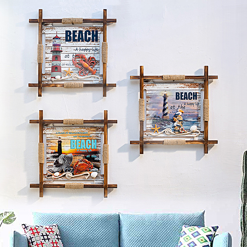 地中海复古装饰画木质做旧海洋挂画房间装饰壁画螃蟹D立体画挂饰