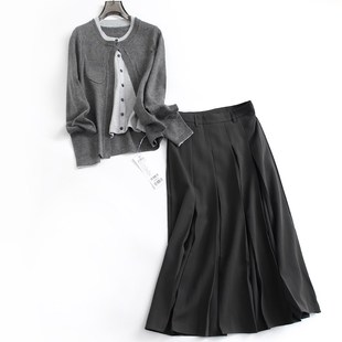 百褶半身裙女两件套装 毛衣 F616 针织开衫 沉檀灰拼a色圆领软糯长袖