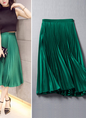 自制小众女装绿色百褶裙缎面w光泽中长裙复古半身裙a字风琴褶夏季