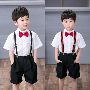 白色短袖 R儿童礼服套装 衬衫 黑短裤 演出 西装 男童表演服背带西裤