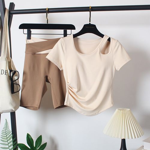 短袖瑜伽服套装女夏n紧身高腰五分裤跑步健身T恤时尚运动衣含胸垫