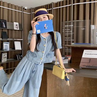 外套阔腿裤 蕾丝花边拼接牛仔套装 小个子短袖 2w025新款 两件 女夏季