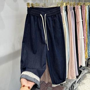 宽松直筒休闲老爹裤 特大码 男女秋季 蕾丝拼接阔腿牛仔裤 300斤工装