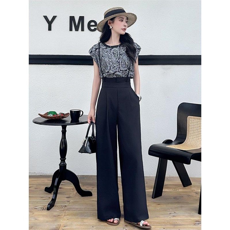 御姐范阔腿裤时尚k套装女夏2025年夏季新款洋派印花雪纺上衣两件