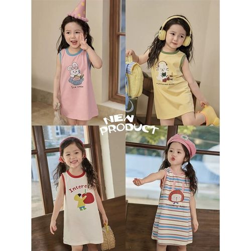 女宝宝t裙女童长款纯棉A类背心z裙夏季凉感冰瓷棉女孩子连衣裙薄