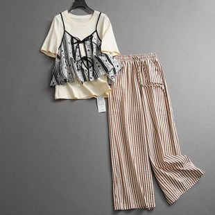 两件套装 女时尚 L609 T恤可配一整套条纹阔腿H长裤 碎花外搭吊带短袖